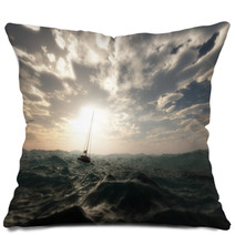 Lost Sailing Boat In Wild Stormy Ocean. Cloudy Sky. Pillows 66789926