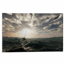 Lost Sailing Boat In Wild Stormy Ocean. Cloudy Sky. Rugs 66789926