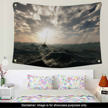 Lost Sailing Boat In Wild Stormy Ocean. Cloudy Sky. Wall Art 66789926