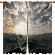 Lost Sailing Boat In Wild Stormy Ocean. Cloudy Sky. Window Curtains 66789926
