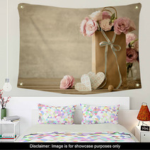 Love Background With Pink Flowers Bow And Paper Handmade Wall Art 92336117