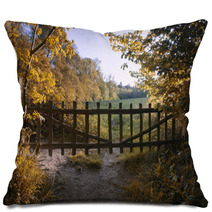 Lovely Old Gate Into Countryside Field Autumn Landscape Pillows 68928032