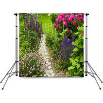 Lush Blooming Summer Garden With Paved Path Backdrops 8837318