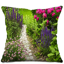 Lush Blooming Summer Garden With Paved Path Pillows 8837318
