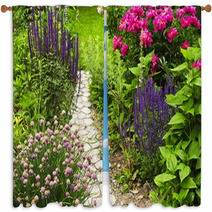 Lush Blooming Summer Garden With Paved Path Window Curtains 8837318