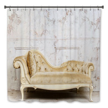 Luxurious Golden Sofa On A Background Of Old White Wall Bath Decor 136055200