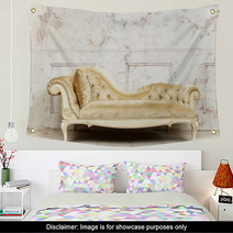 Luxurious Golden Sofa On A Background Of Old White Wall Wall Art 136055200