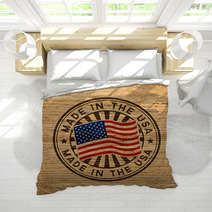 Made In The USA. Stamp On Wooden Background Bedding 68928067