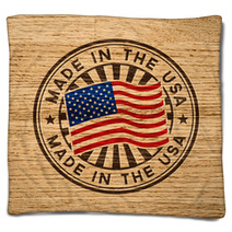 Made In The USA. Stamp On Wooden Background Blankets 68928067