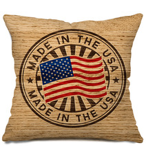 Made In The USA. Stamp On Wooden Background Pillows 68928067