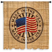 Made In The USA. Stamp On Wooden Background Window Curtains 68928067