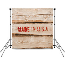 Made In USA. Red Label On Wooden Box Side Backdrops 62682484
