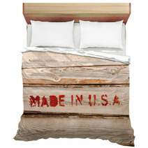 Made In USA. Red Label On Wooden Box Side Bedding 62682484