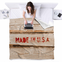 Made In USA. Red Label On Wooden Box Side Blankets 62682484
