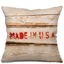 Made In USA. Red Label On Wooden Box Side Pillows 62682484