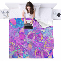 Magic Mushrooms Seamless Pattern Psychedelic Hallucination Vibrant Vector Illustration Blankets 166124172