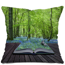 Magical Book With Contents Spilling Into Landscape Background Pillows 32582495