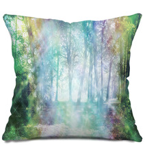 Magical Spiritual Woodland Energy - Rainbow Colored Woodland Scene With Streams Of Sparkling Light  Pillows 90393573
