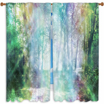 Magical Spiritual Woodland Energy - Rainbow Colored Woodland Scene With Streams Of Sparkling Light  Window Curtains 90393573