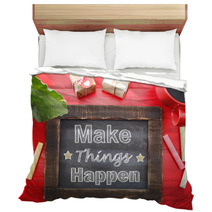 Make Things Happen On Chalkboard On Red Table Bedding 68213530