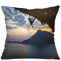Male Rock Climber At Sunset. Kalymnos Island, Greece Pillows 54132885
