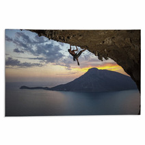 Male Rock Climber At Sunset. Kalymnos Island, Greece Rugs 54132885