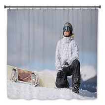 Male Snowboarder Against Sun And Blue Sky Bath Decor 46541965