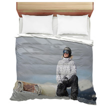 Male Snowboarder Against Sun And Blue Sky Bedding 46541965
