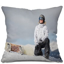 Male Snowboarder Against Sun And Blue Sky Pillows 46541965