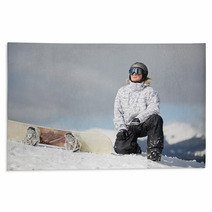 Male Snowboarder Against Sun And Blue Sky Rugs 46541965