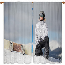 Male Snowboarder Against Sun And Blue Sky Window Curtains 46541965