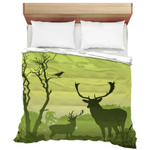 Male Stag Deer On A Meadow With Trees And Bird Bedding 28983199