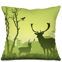 Male Stag Deer On A Meadow With Trees And Bird Pillows 28983199