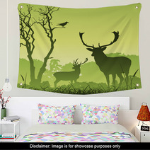 Male Stag Deer On A Meadow With Trees And Bird Wall Art 28983199