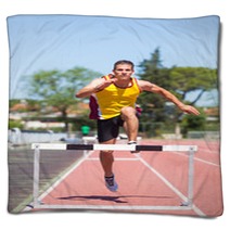 Male Track And Field Athlete During Obstacle Race Blankets 42723971