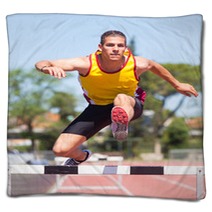 Male Track And Field Athlete During Obstacle Race Blankets 43776854