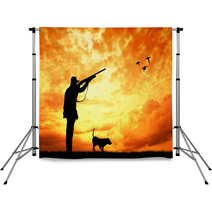 Man And Dog Hunters Silhouette At Sunset Backdrops 56750932