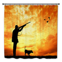 Man And Dog Hunters Silhouette At Sunset Bath Decor 56750932