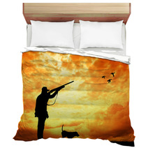 Man And Dog Hunters Silhouette At Sunset Bedding 56750932