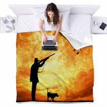 Man And Dog Hunters Silhouette At Sunset Blankets 56750932
