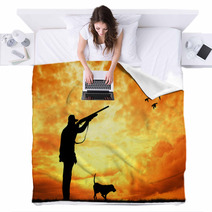 Man And Dog Hunters Silhouette At Sunset Blankets 56750932