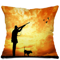 Man And Dog Hunters Silhouette At Sunset Pillows 56750932