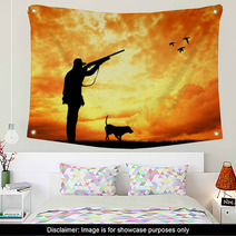 Man And Dog Hunters Silhouette At Sunset Wall Art 56750932