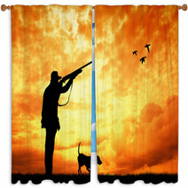 Man And Dog Hunters Silhouette At Sunset Window Curtains 56750932