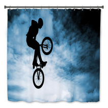 Man Doing An Jump With A Bmx Bike Over Blue Sky Background Bath Decor 58094528
