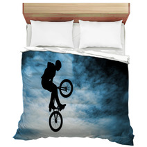 Man Doing An Jump With A Bmx Bike Over Blue Sky Background Bedding 58094528