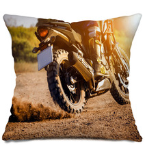 Man Extreme Riding Touring Enduro Motorcycle On Dirt Field Pillows 136884886