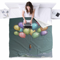 Man Flying With Colorful Balloons Blankets 29302501