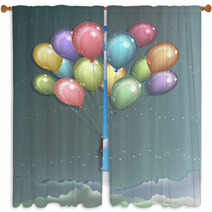 Man Flying With Colorful Balloons Window Curtains 29302501