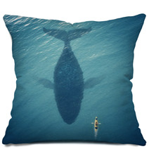 Man In A Boat Floats Next To A Big Fish Whale Pillows 49510969